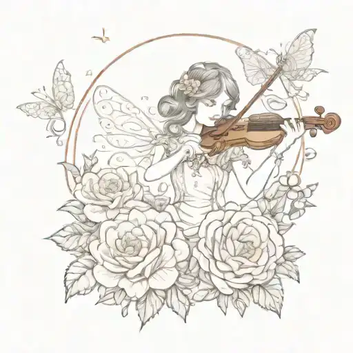 A fairy playing a violin among a field of vintage roses tattoo design idea