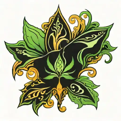 abstract ornament without sharp corners, from elbow to palm, main color black, green inserts tattoo design idea