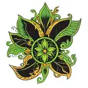 abstract ornament without sharp corners, from elbow to palm, main color black, green inserts tattoo design idea