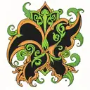 abstract ornament without sharp corners, from elbow to palm, main color black, green inserts tattoo design idea