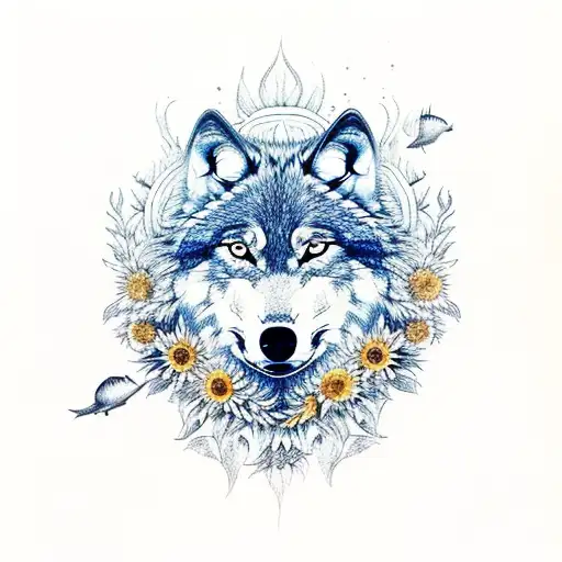 wolf with sunflowers and ocean theme tattoo design idea