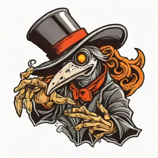 an old school tattoo, motif: a plague doctor with two bony skellet hands, in a portrait, on a hand  tattoo design idea