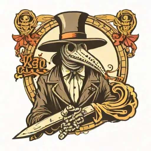 an old school tattoo, motif: a plague doctor with two bony skellet hands, in a portrait tattoo design idea