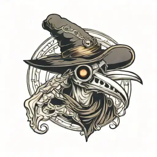 an old school tattoo, motif: a plague doctor with two bony skellet hands, in a portrait tattoo design idea