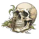 score_9, score_8_up, score_7_up,nsfw,Fantasy,Unreal Engine 5,BREAK,a human skull lies on the ground, out of it grows a t tattoo design idea