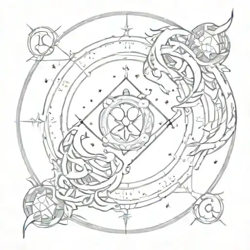 Gemini, Capricorn and Pisces zodiac constellation in circle with crescent moon in the Center tattoo design idea