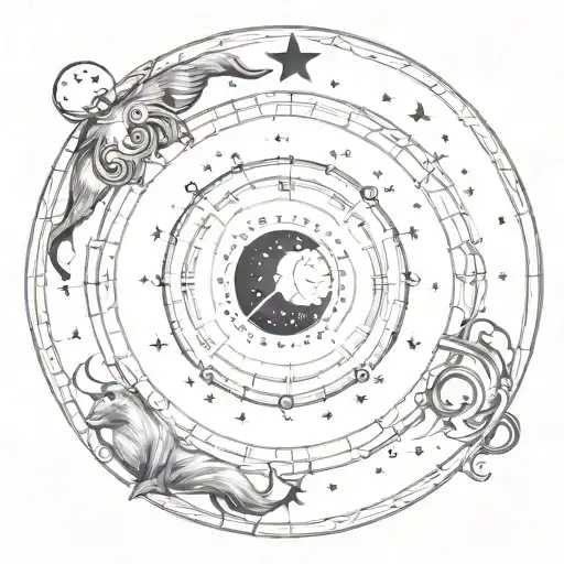 Gemini, Capricorn and Pisces zodiac constellation in circle with crescent moon in the Center tattoo design idea