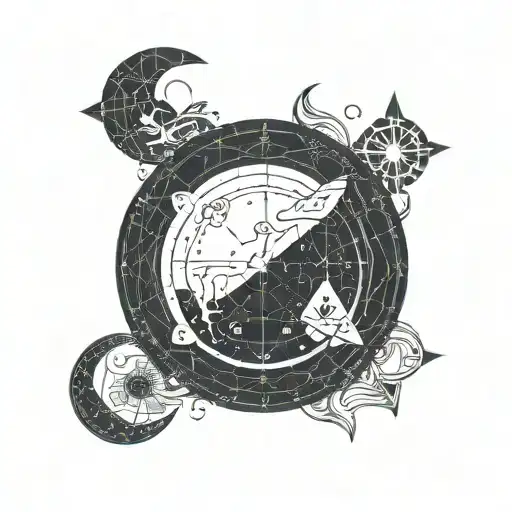 Gemini, Capricorn and Pisces zodiac constellation in circle with crescent moon in the Center tattoo design idea