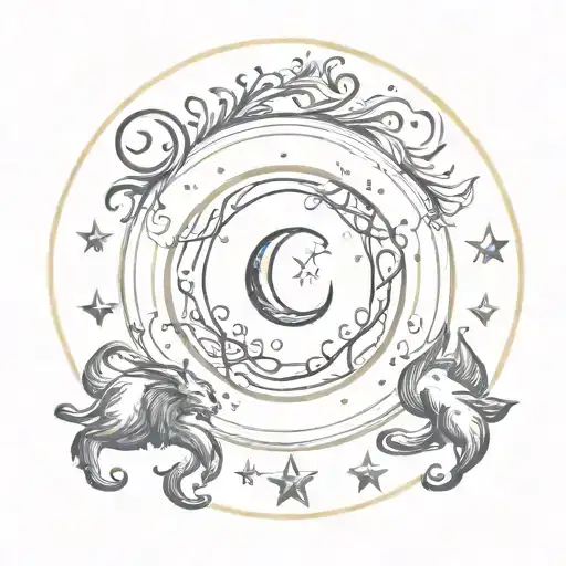 Gemini, Capricorn and Pisces zodiac symbol in circle with crescent moon in the Center tattoo design idea