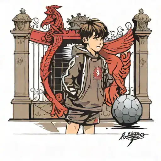 little boy with brown hair with ball  standing near Anfield gates in Liverpool stadium with Liverpool bird logo  tattoo design idea