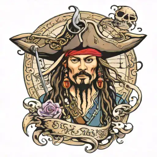 pirates of Caribbean ship and pirate jack sparrow tattoo design idea