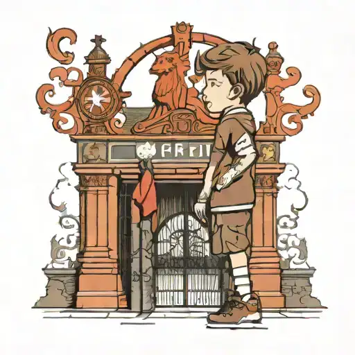 little boy with brown hair standing next to the anfield gates in Liverpool with Liverpool logo  tattoo design idea