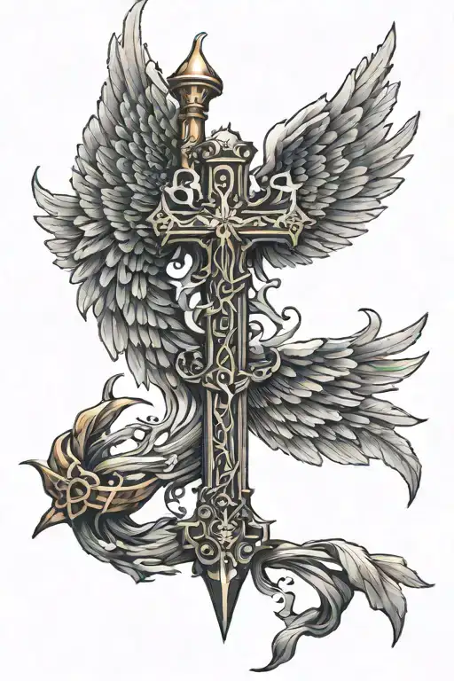 long black vertical angel wings with a small sword at the base of the wings in the form of an inverted cross in the midd tattoo design idea