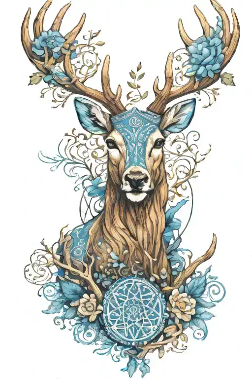 a Scythian-style deer with antlers resembling the tree of life.  Let the deer's eyes shine blue.  Let there be a dog lyi tattoo design idea