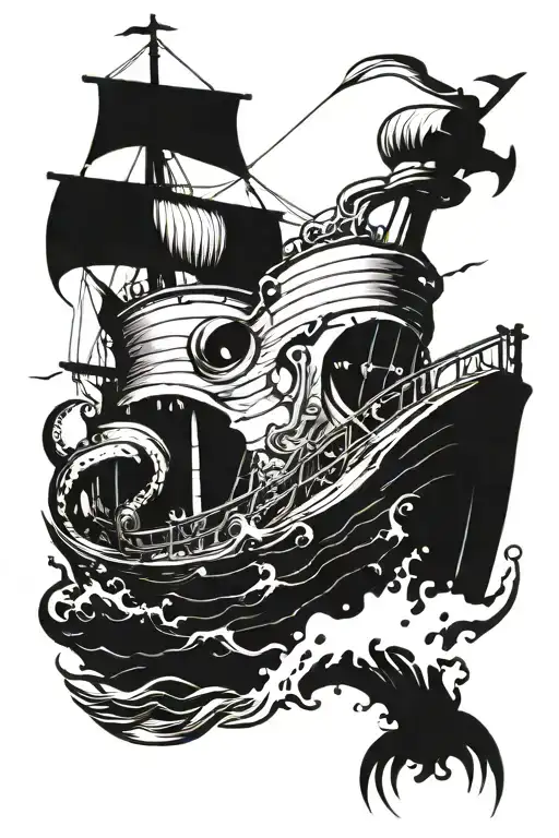 sink old ship with sea monster emerging tattoo design idea