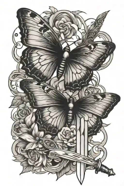 Butterfly and sword piercing tattoo design idea