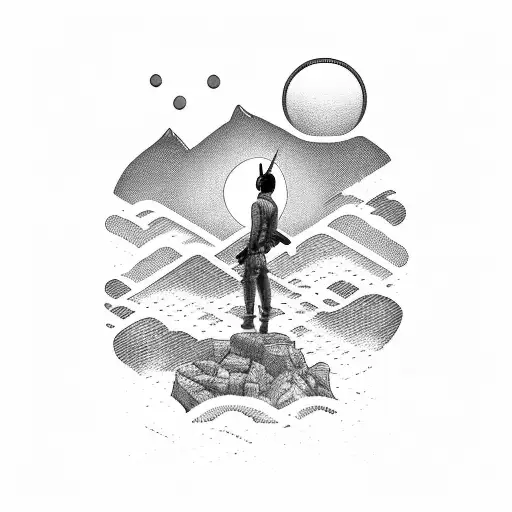 A dotwork tattoo of a warrior standing on a cliff, overlooking a vast landscape with a rising sun in the background tattoo design idea