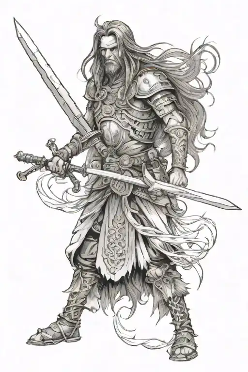 Warrior and little sister tattoo in a forest Description: Characters: Warrior: Long, flowing hair, possible tattoo design idea