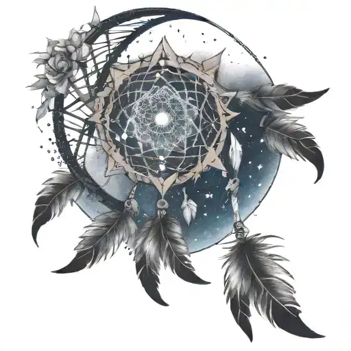 crescent moon outter edge of a dream catcher with a space theme within the threads with stars and ethers dangling off  tattoo design idea