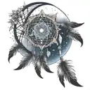 crescent moon outter edge of a dream catcher with a space theme within the threads with stars and ethers dangling off  tattoo design idea
