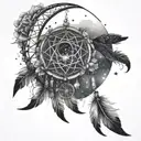 crescent moon outter edge of a dream catcher with a space theme within the threads with stars and ethers dangling off  tattoo design idea