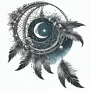 crescent moon outter edge of a dream catcher with a space theme within the threads with stars and ethers dangling off  tattoo design idea