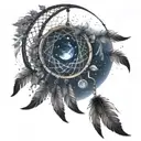 crescent moon outter edge of a dream catcher with a space theme within the threads with stars and ethers dangling off  tattoo design idea