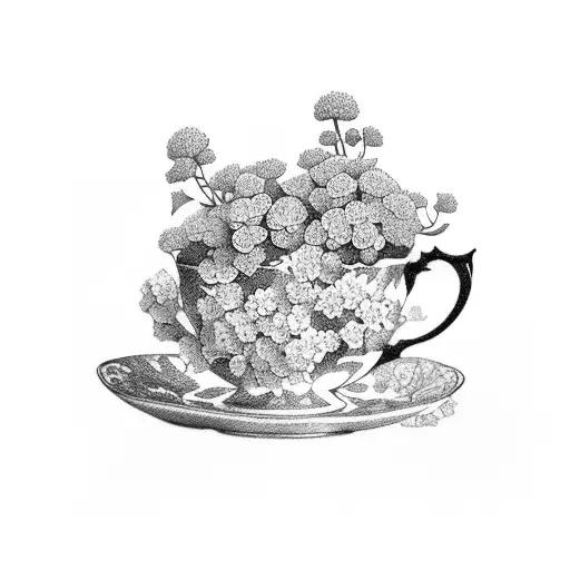 A tea cup surrounded by hydrangea flowers tattoo design idea