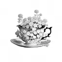 A tea cup surrounded by hydrangea flowers tattoo design idea