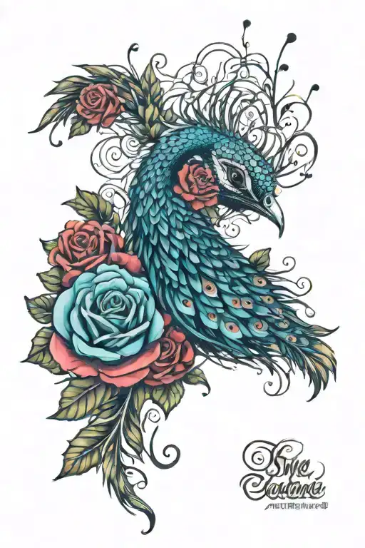tattoo featuring the struggle with depression and anxiety intertwined with peacock feathers and thorny roses tattoo design idea