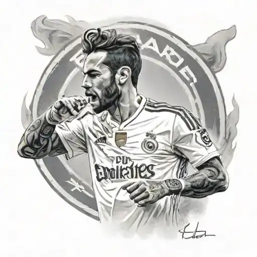 A realistic portrait of a famous Real Madrid player with a halo above their head, symbolizing their passion for the team and heaven tattoo design idea