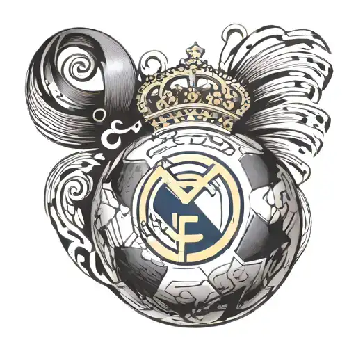 A soccer ball morphing into a musical note with the Real Madrid logo incorporated subtly tattoo design idea
