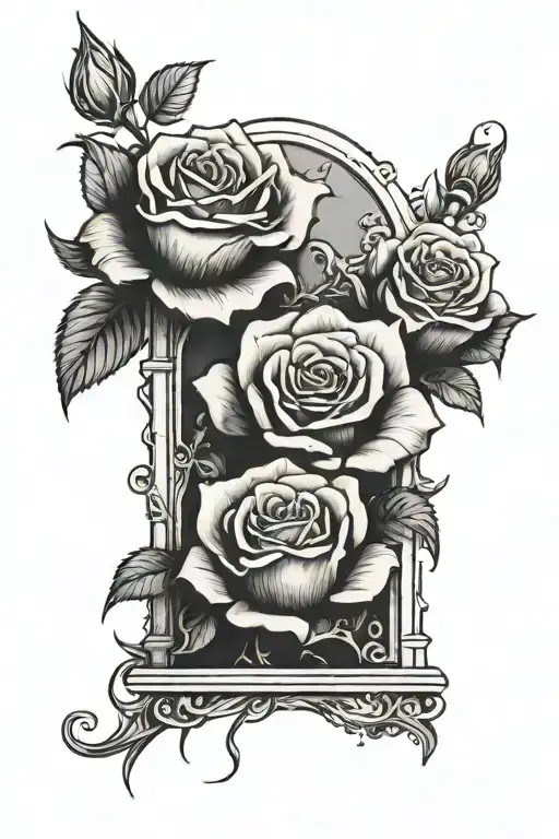 three roses blooming out of a tomb stone like visage tattoo design idea