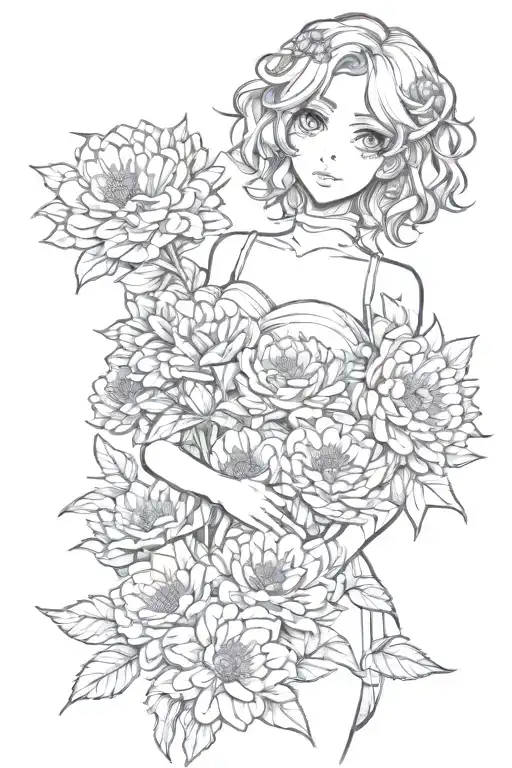 A tattoo design of an anime character holding a bouquet of zinnias, in a sketch style tattoo design idea