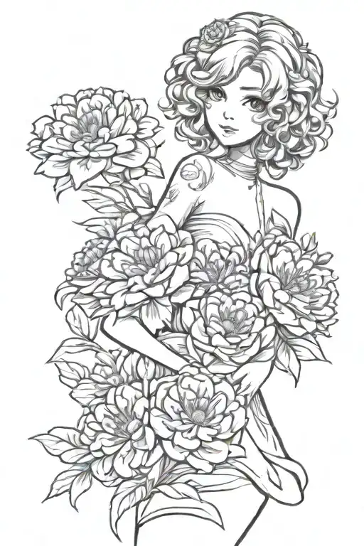 A tattoo design of an anime character holding a bouquet of zinnias, in a sketch style tattoo design idea