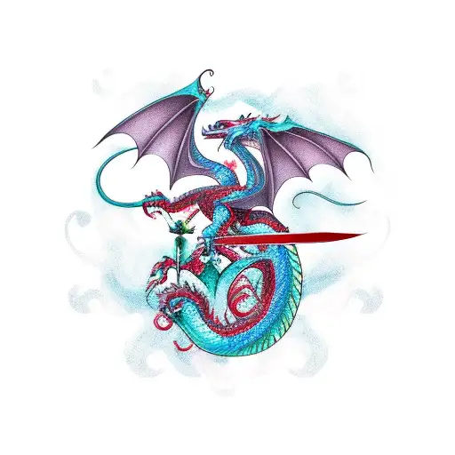 dragon wrapped around a sword with rose in its hand tattoo design idea