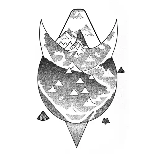 A silhouette of a hiker surrounded by anime-inspired nature elements tattoo design idea