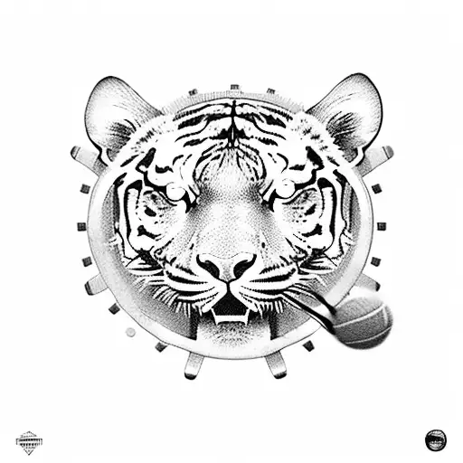 A fierce tiger playing tennis with a racket made of gears tattoo design idea