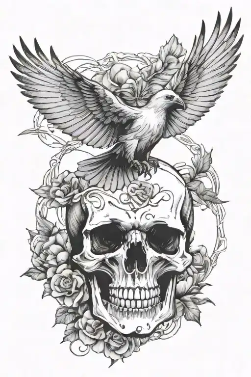 giant skull, goth, dove and raven flying tattoo design idea