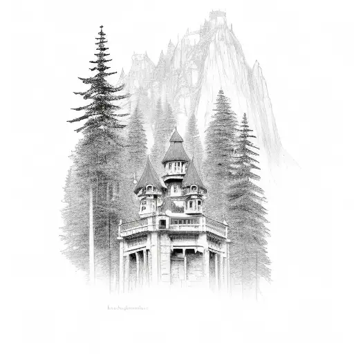 army corps engineer castle surrounded by evergreen mountain forest tattoo design idea