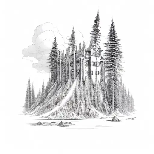 engineer castle in evergreen mountain forest tattoo design idea