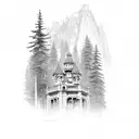 army corps engineer castle surrounded by evergreen mountain forest tattoo design idea