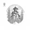 army corps engineer castle surrounded by evergreen mountain forest tattoo design idea