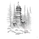 army corps engineer castle surrounded by evergreen mountain forest tattoo design idea
