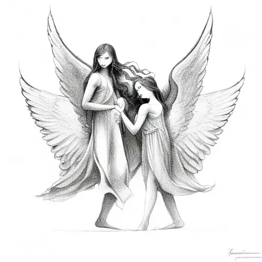 two angels laying down and reaching out to hold hands tattoo design idea