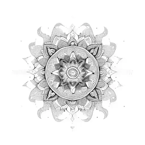 A mandala design incorporating various crystals and floral elements tattoo design idea