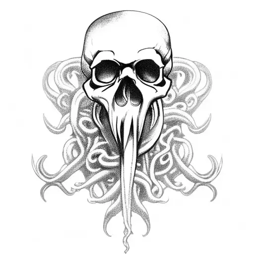 Davy Jones pirate skull with tentacles and subscript "Wait, we're friendly!" tattoo design idea