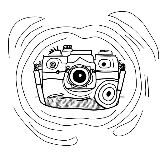 A simple outline of a camera with a mini Australian Shepherd sitting on top tattoo design idea