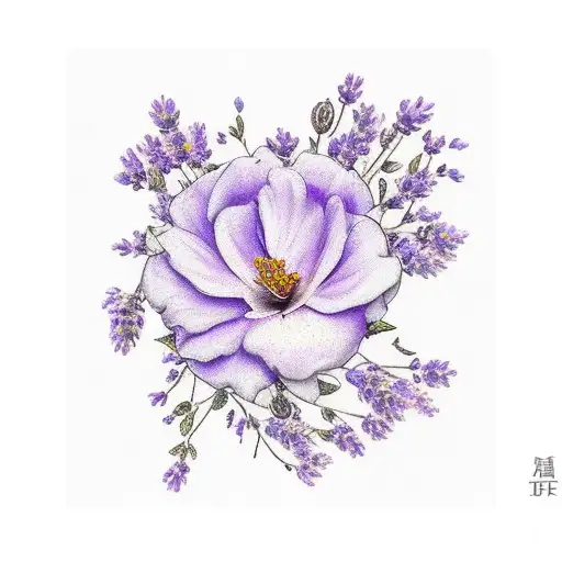 Lavender, chinese rose and Cherry Blossom flower arrangement  tattoo design idea