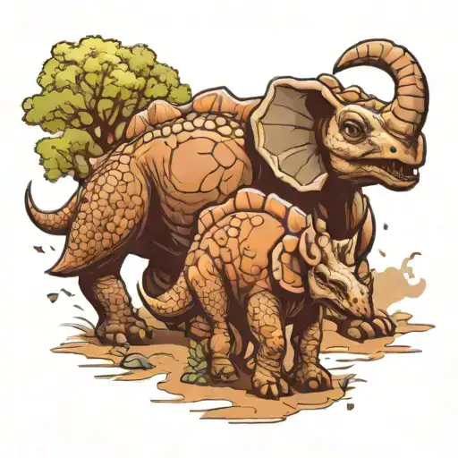 Baby triceratops and brontosaurus walking tattoo design idea